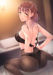 Rule 34 | 1girl, ass, back, bare arms, bare shoulders, black bra, black panties, black pantyhose, blurry, blush, bra, breasts, brown hair, condom, depth of field, earrings, fingernails, floral print, highres, indoors, jewelry, kazushiki midori, long fingernails, long hair, looking at viewer, looking back, medium breasts, mole, mole under eye, nail polish, on bed, open mouth, original, panties, panties under pantyhose, pantyhose, print bra, red nails, sideboob, sitting, solo, thighband pantyhose, underwear, undressing, wariza, yellow eyes