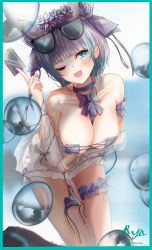 Rule 34 | 1girl, animal ears, azur lane, bad id, bad pixiv id, bare shoulders, bikini, blue eyes, blush, breasts, cheshire (azur lane), fake animal ears, flower, frilled headband, hair flower, hair ornament, hairband, highres, large breasts, looking at viewer, multicolored hair, no panties, one eye closed, open mouth, panties, ryn (rinorea), short hair, smile, solo, strapless, strapless bikini, swimsuit, underwear, wrist cuffs