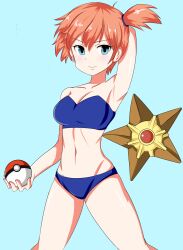 1girl arm_behind_head bare_legs bikini blue_bikini blue_eyes creatures_(company) game_freak gen_1_pokemon highres midriff misty_(pokemon) nintendo orange_hair poke_ball pokemon pokemon_(creature) pokemon_rgby simple_background staryu sumida_kichi swimsuit thighs