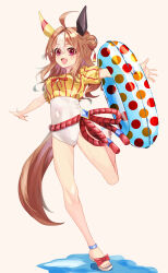 Rule 34 | 1girl, absurdres, ahoge, bikini, blush, brown hair, copano rickey (umamusume), crop top, fang, full body, hair bun, hair ornament, highres, horse girl, horse tail, innertube, kento (kentdrawing), long hair, navel, open mouth, outstretched arms, red eyes, sandals, shirt, simple background, smile, solo, spread arms, standing, standing on one leg, swim ring, swimsuit, tail, tassel, tassel hair ornament, toes, umamusume, white background, white bikini, yellow shirt