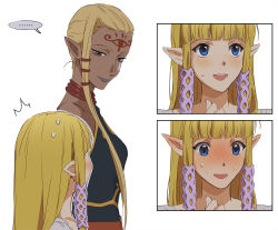 Rule 34 | ..., 2girls, bare shoulders, blonde hair, blue eyes, blunt bangs, blush, closed mouth, commentary, dark-skinned female, dark skin, english commentary, grey lips, half-closed eyes, height difference, highres, impa, looking at another, multiple girls, nintendo, open mouth, pointy ears, princess zelda, short hair, sophie (693432), speech bubble, sweat, teeth, the legend of zelda, the legend of zelda: skyward sword, upper body, upper teeth only