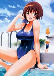 Rule 34 | :d, absurdres, azumanga daiou, blush, breasts, brown eyes, brown hair, mihama chiyo&#039;s father, cleavage, covered erect nipples, highres, kagura, large breasts, mihama chiyo, one-piece swimsuit, open mouth, satou shouji, school swimsuit, short hair, sitting, smile, swimsuit, twintails, wet