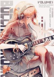 Rule 34 | 1girl, akg k-series headphones, amplifier, animalization, blue eyes, bocchi the rock!, breasts, closed mouth, commission, copyright name, crossed legs, cube hair ornament, electric guitar, english text, expressionless, floating hair, gibson les paul, gotoh hitori, gotoh hitori (octopus), grey skirt, guitar, hair between eyes, hair ornament, headphones, holding, holding instrument, instrument, jacket, long hair, medium breasts, music, one side up, pants, pants under skirt, pink hair, pink jacket, pink pants, playing instrument, pleated skirt, pokepoke (usdg7842), simple background, sitting, skeb commission, skirt, sleeves rolled up, solo, track jacket, twitter username, white background