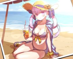 Rule 34 | 1girl, beach, bikini, blue hair, blue ribbon, blue sky, blush, breasts, cleavage, closed mouth, colored inner hair, commentary, cup, day, drinking straw, flower, hair ribbon, hat, hat flower, holding, holding cup, hololive, long hair, looking at viewer, medium breasts, minato aqua, minato aqua (hololive summer 2019), multicolored hair, navel, official alternate costume, outdoors, parasol, photo (object), purple eyes, purple hair, ribbon, sitting, sketch, skindentation, sky, solo, straw hat, striped bikini, striped clothes, sweat, swimsuit, twintails, two-tone hair, umbrella, virtual youtuber, yokozuwari, yoshida on