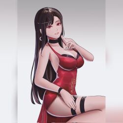 Rule 34 | 1girl, alternate costume, black hair, breasts, dress, final fantasy, final fantasy vii, finger to mouth, highres, kuji-in, large breasts, long hair, notgustiarp, parted lips, red dress, red eyes, resident evil, resident evil 4, solo, straight hair, taut clothes, taut dress, thigh strap, thighs, tifa lockhart