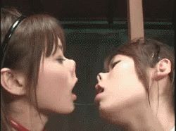 Rule 34 | 2girls, actress request, animated, animated gif, asian, bisexual female, brown hair, cmc-034, collar, cum, cum in mouth, cum on tongue, cum string, cum swap, eye contact, female focus, french kiss, hairband, indoors, kiss, long hair, looking at another, lowres, multiple girls, nose hook, photo (medium), saliva, saliva trail, short hair, tongue, tongue out, twintails