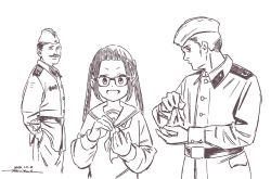 Rule 34 | 1girl, 2boys, :d, brown theme, closed eyes, dated, facial hair, glasses, holding, horikou, jacket, military, military jacket, military uniform, monochrome, multiple boys, mustache, oogaki chiaki, open mouth, parted lips, real life, school uniform, serafuku, signature, simple background, smile, soldier, soviet, soviet army, twintails, uniform, white background, yurucamp