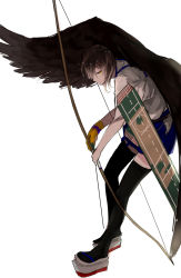 Rule 34 | 10s, 1girl, archery, arrow (projectile), black thighhighs, black wings, bow (weapon), brown hair, feathered wings, flight deck, gloves, hakama, hakama short skirt, hakama skirt, highres, holding, holding bow (weapon), holding weapon, japanese clothes, kaga (kancolle), kantai collection, kyuudou, long hair, muneate, partially fingerless gloves, partly fingerless gloves, pleated skirt, quiver, short hair, shuu-0208, side ponytail, simple background, single glove, skirt, solo, tasuki, thighhighs, weapon, white background, wings, yellow eyes, yugake
