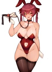 Rule 34 | 1girl, ball gag, bespectacled, black collar, breasts, clothing cutout, collar, female pubic hair, fur cuffs, gag, glasses, groin, heterochromia, highleg, highleg leotard, highres, holding, holding tray, hololive, houshou marine, large breasts, leash, leotard, navel, navel cutout, playboy bunny, pubic hair, red eyes, red hair, red leotard, sex toy, simple background, solo, tan, tanline, thighhighs, tray, twintails, varniskarnis, virtual youtuber, white background, wiffle gag, yellow eyes
