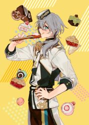 Rule 34 | 1boy, :q, apron, brown pants, cake, cake slice, chef, closed mouth, cookie, cowboy shot, ensemble stars!, epaulettes, food, garrison cap, gold trim, hat, holding, icing, icing spatula, long sleeves, looking at viewer, macaron, mini hat, pants, pie, pie slice, sapphire (nine), shiina niki, shirt, smile, solo, strawberry shortcake, swiss roll, tongue, tongue out, white apron, white hat, white shirt