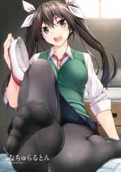 Rule 34 | &gt;:d, 10s, 1girl, :d, absurdres, adapted costume, artist name, black eyes, black hair, black pantyhose, black skirt, blouse, blush, breasts, collared shirt, feet, foot focus, foreshortening, hair between eyes, hair ribbon, head tilt, highres, kantai collection, long hair, looking at viewer, medium breasts, necktie, open mouth, pantyhose, red necktie, ribbon, ruton-niki, scan, shirt, shoes, unworn shoes, skirt, sleeves rolled up, smile, soles, solo, sweater vest, toes, tone (kancolle), twintails, v-neck, v-shaped eyebrows, white ribbon, white shirt