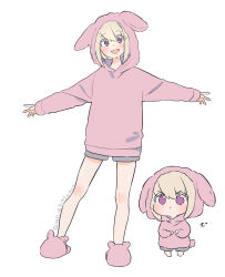 Rule 34 | 1boy, :d, alternate costume, animal hood, animal slippers, artist name, blonde hair, blush, bunny slippers, chibi, chibi inset, colored eyelashes, grey shorts, happy, highres, hood, hoodie, knee blush, kouhara yuyu, lio fotia, looking at viewer, male focus, open mouth, outstretched arms, pink footwear, pink hoodie, promare, purple eyes, rabbit hood, short hair, shorts, sidelocks, simple background, slippers, smile, solo, standing, trap, white background