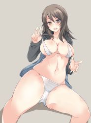 Rule 34 | 10s, abenattou, adjusting clothes, adjusting swimsuit, bikini, blue jacket, breasts, brown eyes, brown hair, commentary, girls und panzer, grey background, highres, jacket, keizoku military uniform, large breasts, leaning to the side, long hair, looking at viewer, mika (girls und panzer), military, military uniform, navel, no headwear, no headwear, no pants, open clothes, open jacket, open mouth, sitting, skindentation, smile, solo, string bikini, swimsuit, thighs, track jacket, uniform, white bikini