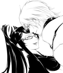Rule 34 | 1boy, 1girl, bad id, bad pixiv id, bayonetta, bayonetta (series), commentary request, creator connection, crossover, dante (devil may cry), devil may cry (series), facial hair, glasses, greyscale, lips, long hair, looking at viewer, looking back, monochrome, ponytail, simple background, smile, stubble, sumi keiichi