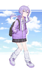 Rule 34 | 1girl, absurdres, backpack, bag, blush, collared shirt, full body, hair ornament, hands in pockets, highres, jacket, kirima (zs at ), leg warmers, long sleeves, looking at viewer, neck ribbon, parted lips, partially unzipped, plaid, plaid skirt, pleated skirt, purple eyes, purple hair, ribbon, shirt, shoes, short hair with long locks, skirt, sky, sneakers, solo, track jacket, vocaloid, voiceroid, yuzuki yukari