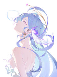 1girl absurdres bare_shoulders blue_hair change_(1044080555) closed_eyes earrings facing_up from_side head_wings highres honkai:_star_rail honkai_(series) jewelry long_hair parted_lips profile robin_(honkai:_star_rail) simple_background solo upper_body wings