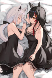 Rule 34 | 2girls, ahoge, alternate costume, animal ear fluff, animal ears, babydoll, bed, black babydoll, black bow, black hair, bow, braid, breasts, closed eyes, commentary request, dress, earrings, fox ears, fox girl, fox tail, frilled babydoll, hair between eyes, hair bow, hair ornament, hairclip, highres, hololive, jewelry, large breasts, long hair, looking at another, lying, medium breasts, multiple girls, on side, ookami mio, open mouth, pentagram, pillow, red hair, shirakami fubuki, sidelocks, single braid, smile, tail, uuroncha, virtual youtuber, white hair, yellow eyes