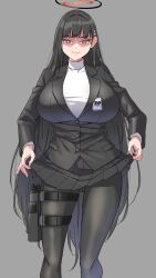 Rule 34 | 1girl, absurdres, black hair, black pantyhose, black skirt, blue archive, blunt bangs, blush, breasts, clothes lift, embarrassed, gun, hair ornament, hairclip, halo, handgun, highres, holster, holstered, huge breasts, jacket, long hair, long sleeves, looking at viewer, nya (73809635), pantyhose, red eyes, rio (blue archive), shaded face, skirt, skirt lift, solo, thigh holster, thigh strap, very long hair, weapon