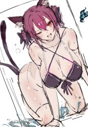 Rule 34 | 1girl, ;d, all fours, animal ears, bikini, black bikini, breasts, cat ears, cat tail, cleavage, commentary, full body, highres, kaenbyou rin, large breasts, looking at viewer, multiple tails, nekomata, one eye closed, open mouth, po (anhk5528), red eyes, red hair, short hair, sidelocks, simple background, sketch, smile, solo, swimsuit, tail, teeth, touhou, two tails, upper teeth only, wet, white background