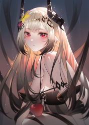 Rule 34 | 1girl, absurdres, apple, arknights, armlet, backlighting, bare shoulders, bikini, black bikini, black hair, blush, breasts, cleavage, closed mouth, flower, food, from side, fruit, gradient background, gradient hair, grey background, hair flower, hair ornament, highres, horns, jewelry, joannne, large breasts, leaning forward, long hair, looking at viewer, looking to the side, mudrock (arknights), mudrock (silent night) (arknights), multicolored hair, official alternate costume, pointy ears, red background, red eyes, silver hair, sitting, solo, swimsuit, very long hair, yellow flower