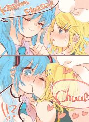 Rule 34 | !?, 2girls, 2koma, age difference, aqua eyes, aqua hair, aqua necktie, bare shoulders, blonde hair, blue eyes, blush, bow, child, comic, confused, grey shirt, hair bow, hair ornament, hairclip, hand on own cheek, hand on own face, hatsune miku, heart, index finger raised, kagamine rin, kiss, leaning forward, long hair, mimi mine, multiple girls, necktie, onee-loli, pointing, pointing at self, ringed eyes, sailor collar, shirt, sleeveless, sleeveless shirt, spoken interrobang, surprise kiss, surprised, twintails, very long hair, vocaloid, white bow, wide-eyed, yuri