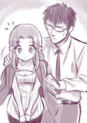 Rule 34 | 1boy, 1girl, blush, borrowed clothes, breasts, medea (fate), cleavage, cleavage cutout, clothing cutout, fate/stay night, fate (series), glasses, jacket, jacket on shoulders, kase daiki, kuzuki souichirou, long hair, meme attire, monochrome, open-chest sweater, ribbed sweater, short hair, sketch, small breasts, sweater, turtleneck