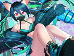 Rule 34 | 1girl, animal ear fluff, animal ears, bare legs, bare shoulders, black socks, blue footwear, blue hair, blue jacket, blush, breasts, cleavage, collarbone, dolce (dolsuke), green hair, hair between eyes, highres, jacket, long hair, long sleeves, looking at viewer, mask, mouth mask, multicolored hair, off shoulder, open clothes, open jacket, original, puffy long sleeves, puffy sleeves, red eyes, shoes, small breasts, sneakers, socks, solo, sports bra, twintails, two-tone hair, very long hair