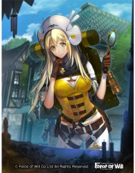 Rule 34 | 1girl, bag, belt, blonde hair, breasts, building, cleavage, copyright name, force of will, fuziwara ayumu, gloves, hat, long hair, magnifying glass, official art, transparent background, tree, upper body, yellow eyes