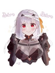 Rule 34 | 1girl, :&gt;, armor, armored gloves, bandaged head, bandages, black gloves, blush, bodystocking, bodysuit, breasts, cleavage, cropped torso, fingerless gloves, gloves, goddess of victory: nikke, grey hair, hair ornament, hair ribbon, hands up, highres, holding bandages, large breasts, long hair, looking at viewer, mecha musume, modernia (nikke), okokosama2525, red eyes, ribbon, see-through, see-through cleavage, shoulder armor, sidelocks, signature, solo, sparkle, white background, yellow ribbon