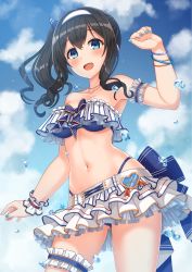 Rule 34 | 1girl, absurdres, armpits, bare shoulders, bikini, bikini under clothes, black hair, blue bikini, blue eyes, blue sky, blush, breasts, bridal garter, commentary request, day, frills, hairband, highleg, highleg bikini, highres, idolmaster, idolmaster cinderella girls, jewelry, kurisu-kun, large breasts, long hair, looking at viewer, miniskirt, navel, necklace, open mouth, revision, sagisawa fumika, side ponytail, sidelocks, skirt, sky, smile, solo, swimsuit, thighs, water, white skirt