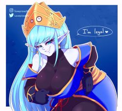 Rule 34 | 1girl, aeos, aged up, bare shoulders, blue eyes, blue hair, breasts, crown, dragon ball, dragon ball heroes, earrings, elf, gloves, grin, highres, jewelry, large breasts, long hair, looking at viewer, lovepizza26, pointy ears, shiny skin, smile, solo, speech bubble, thighs