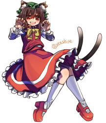 Rule 34 | 1girl, animal ears, bow, bowtie, brown eyes, brown hair, cat ears, cat tail, chen, commentary, earrings, frilled skirt, frills, green hat, hat, high heels, highres, jewelry, long sleeves, looking at viewer, mob cap, multiple tails, nekomata, one-hour drawing challenge, open mouth, red footwear, red shirt, red skirt, renshirenji, shirt, simple background, single earring, skirt, socks, solo, tail, touhou, twitter username, two tails, white background, white socks, yellow bow, yellow bowtie