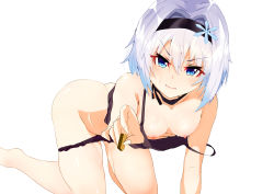 Rule 34 | 1girl, all fours, ass, bad id, bad pixiv id, barefoot, black hairband, black panties, black ribbon, black shirt, blue eyes, breasts, butt crack, choker, clisapex, collarbone, downblouse, frown, hair between eyes, hair intakes, hair ornament, hairband, highres, holding, looking at viewer, nipples, off shoulder, panties, panty pull, ribbon, ribbon choker, ryuuou no oshigoto!, shirt, shogi piece, short hair, silver hair, simple background, sleeveless, sleeveless shirt, small breasts, snowflake hair ornament, solo, sora ginko, underwear, v-shaped eyebrows, white background