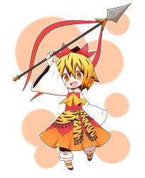 Rule 34 | 1girl, animal print, arm up, black hair, blonde hair, blush, full body, hair ornament, long sleeves, multicolored hair, open mouth, polearm, shirt, short hair, skirt, smile, solo, spear, standing, standing on one leg, taiga mahoukan, tiger print, toramaru shou, touhou, two-tone hair, weapon, wide sleeves, yellow eyes