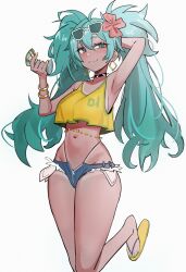 1girl absurdres aqua_eyes aqua_hair bare_shoulders belly_chain blush brazilian_miku breasts choker denim denim_shorts earrings eyewear_on_head flip-flops flower hair_flower hair_ornament hatsune_miku highres jewelry kiritzugu long_hair looking_at_viewer medium_breasts micro_shorts navel sandals short_shorts shorts smile solo sunglasses tan tanline thighs twintails very_long_hair vocaloid