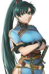 Rule 34 | 1girl, blue dress, delsaber, dress, earrings, fire emblem, fire emblem: the blazing blade, green eyes, green hair, high ponytail, highres, jewelry, long hair, looking at viewer, lyn (fire emblem), nintendo, pelvic curtain, rope belt, short sleeves, side slit, simple background, solo, sword, very long hair, weapon, white background