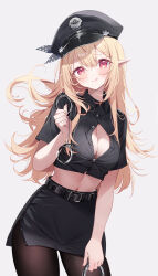 Rule 34 | 1girl, alternate costume, belt, blonde hair, breasts, cleavage, cleavage cutout, clothing cutout, cuffs, deyui, handcuffs, hat, highres, holding, holding handcuffs, licking lips, long hair, medium breasts, midriff, miniskirt, navel, nijisanji, nijisanji en, pantyhose, pointy ears, police, police hat, police uniform, policewoman, pomu rainpuff, red eyes, simple background, skirt, smile, solo, tongue, tongue out, uniform, virtual youtuber, white background