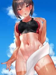 Rule 34 | 1girl, bikini pull, blue sky, blush, bottomless, breasts, brown hair, clothes pull, cloud, collarbone, crop top, fang, gluteal fold, groin, hair ornament, hairclip, linea alba, looking at viewer, medium breasts, midriff, navel, open mouth, original, outdoors, red eyes, shiny skin, short hair, skin fang, sky, solo, sports bikini, sports bra, sportswear, standing, steaming body, sweat, tan, tanline, towel, track uniform, yuyu (yuyuworks)