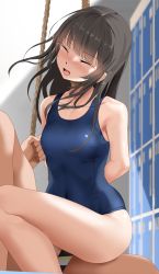 Rule 34 | 1boy, 1girl, absurdres, asphyxiation, black hair, blue one-piece swimsuit, blue school swimsuit, breasts, closed eyes, covered navel, eto (ikumika), highres, long hair, one-piece swimsuit, original, rope around neck, ryona, school swimsuit, small breasts, straddling, strangling, swimsuit, tears