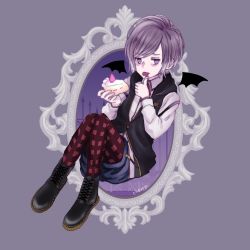 Rule 34 | 10s, 1boy, ankle boots, bags under eyes, bat wings, boots, cake, cherry dot, collared shirt, diabolik lovers, food, fruit, highres, hood, hoodie, licking, male focus, pantyhose, purple eyes, purple hair, sakamaki kanato, short shorts, shorts, simple background, solo, strawberry, sweets, tongue, tongue out, wings