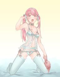 Rule 34 | 1girl, absurdres, armpits, blood, blood on face, blue panties, blue ribbon, blue thighhighs, blush, bomhat, breasts, collarbone, fangs, full body, garter belt, gradient background, hair ribbon, hand in own hair, highres, holding, holding stuffed toy, kneeling, lingerie, long hair, looking at viewer, navel, negligee, open mouth, original, panties, pink hair, red eyes, ribbon, see-through, small breasts, solo, stuffed animal, stuffed toy, teddy bear, thighhighs, traditional media, twintails, underwear