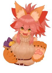 Rule 34 | 1girl, absurdres, animal ear fluff, animal ears, animal hands, bare shoulders, belt, blush, breasts, cat paws, fangs, fate/grand order, fate (series), food, fox ears, fox girl, gloves, hair ribbon, highres, large breasts, open mouth, paw gloves, pink hair, ponytail, potato, red ribbon, ribbon, simple background, solo, sweet potato, tamamo (fate), tamamo cat (fate), towa (towakt), upper body, white background, yellow eyes