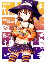 Rule 34 | 1girl, absurdres, body writing, brown hair, candy, choker, closed eyes, food, halloween, happy halloween, hat, highres, long hair, navel, orange shirt, original, patterned legwear, shirt, skirt, sleeve garter, smile, solo, striped clothes, striped thighhighs, takamine (smdx), takamine kokone, takamine tsukumo, thighhighs, trick or treat, witch hat