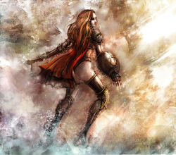 Rule 34 | 1girl, armor, ass, bccp, blonde hair, boots, cape, from behind, high heels, hip focus, lips, long hair, looking away, mace, nail polish, original, shoes, solo, weapon