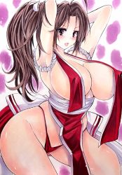 Rule 34 | 1girl, absurdres, armpits, blush, breasts, brown eyes, brown hair, cleavage, covered erect nipples, cowboy shot, fatal fury, highres, huge breasts, long hair, marker (medium), no bra, pelvic curtain, ponytail, revealing clothes, shiranui mai, smile, solo, tagme, traditional media, twobee