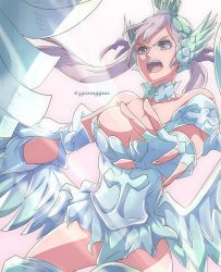 Rule 34 | 1girl, armor, armored dress, bare shoulders, black clover, breasts, choker, cleavage, hand out, highres, jinguu (timaya), large breasts, long hair, noelle silva, open mouth, pink background, pink eyes, purple hair, solo, thighs, tiara, twintails, valkyrie, watermark, shouting