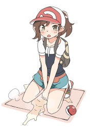 Rule 34 | 1girl, aqua shorts, backpack, bag, baseball cap, between legs, black shirt, blush, brown eyes, brown hair, collarbone, creatures (company), elaine (pokemon), embarrassed, female focus, flat chest, game freak, hand between legs, hat, hinahizu, kneeling, looking at viewer, nintendo, open mouth, own hands together, peeing, peeing self, poke ball, poke ball (basic), poke ball theme, pokemon, pokemon lgpe, puddle, red footwear, red hat, shirt, shoes, short hair, short shorts, short sleeves, shorts, simple background, solo, steam, tears, v arms, wet, wet clothes, white background