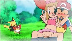 Rule 34 | 10s, 1boy, 1girl, animal ears, arm support, ash ketchum, assertive female, bare shoulders, baseball cap, black hair, bloggerman, blonde hair, blue eyes, blue shirt, blush, bow, bracelet, breasts, brown hair, clitoris, closed eyes, clothed sex, cosplay, couple, creatures (company), crop top, day, doggystyle, double v, erect clitoris, facing viewer, fake animal ears, fake tail, fennekin, fennekin (cosplay), fox ears, fox tail, fucked silly, furry, game freak, gen 1 pokemon, gen 6 pokemon, girl on top, grass, group sex, hair bow, happy, happy sex, hat, hetero, jaggy lines, jewelry, long hair, looking at viewer, lowres, meadow, midriff, miniskirt, monocle, navel, nintendo, no panties, orgy, outdoors, penis, pikachu, pink shirt, pink skirt, pokemon, pokemon (anime), pokemon xy, pussy, reverse cowgirl position, reverse upright straddle, serena (pokemon), sex, sex from behind, shirt, short sleeves, sitting, skirt, small breasts, smile, spread legs, straddling, sweatdrop, tail, taut clothes, taut shirt, tree, uncensored, upskirt, v, vaginal