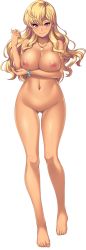 Rule 34 | 1girl, adjusting hair, blonde hair, blush, breast hold, breasts, closed mouth, collarbone, dark-skinned female, dark skin, doutei danshi to bichiko-chan ~himitsu no hame pako kagai jugyou~, earrings, eyebrows, feet, female focus, full body, game cg, groin, highres, jewelry, large breasts, legs, long hair, looking at viewer, navel, necklace, nipples, no pussy, nude, pink eyes, rozario (akai rosario), smile, solo, standing, thighs, toes, transparent background, white background