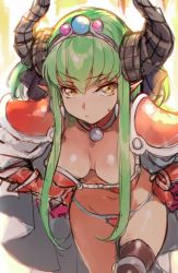 Rule 34 | &gt;:/, 1girl, :/, arm guards, armor, bent over, bikini armor, blush, breasts, brown thighhighs, c.c., cleavage, closed mouth, code geass, collar, collarbone, cosplay, cowboy shot, creayus, elizabeth bathory (brave) (fate), elizabeth bathory (brave) (fate) (cosplay), elizabeth bathory (fate), embarrassed, eyebrows, fate/grand order, fate (series), foreshortening, gloves, green hair, hair between eyes, hands on own hips, hanging breasts, horns, long hair, loose bikini, medium breasts, navel, pointy ears, red gloves, shiny skin, shoulder pads, sidelocks, single thighhigh, sketch, solo, standing, stomach, sweatdrop, thigh gap, thighhighs, tiara, v-shaped eyebrows, yellow eyes